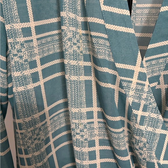 CAbi Windowpane Faux Wrap Blouse Teal Blue Cream Plaid Chiffon Boho Office #3068 - Picture 3 of 8
